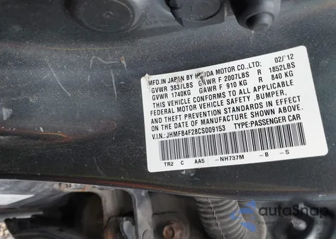 2012 Honda Civic Hybrid from USA, damaged, VIN JHMFB4F28CS009153